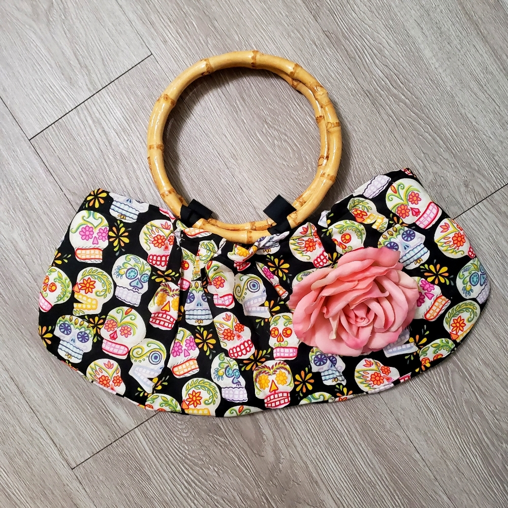 Sugar skull rose bamboo handle purse pinup bag retro black & pink